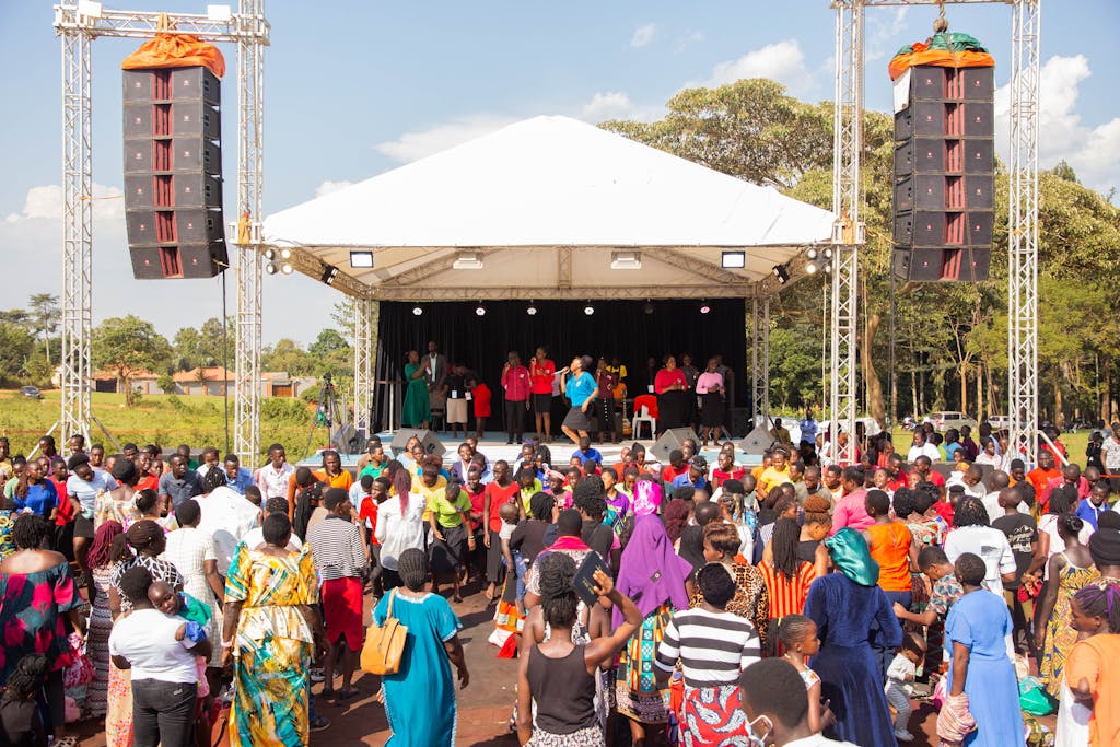 A lively outdoor concert with a diverse audience enjoying music on a sunny day.